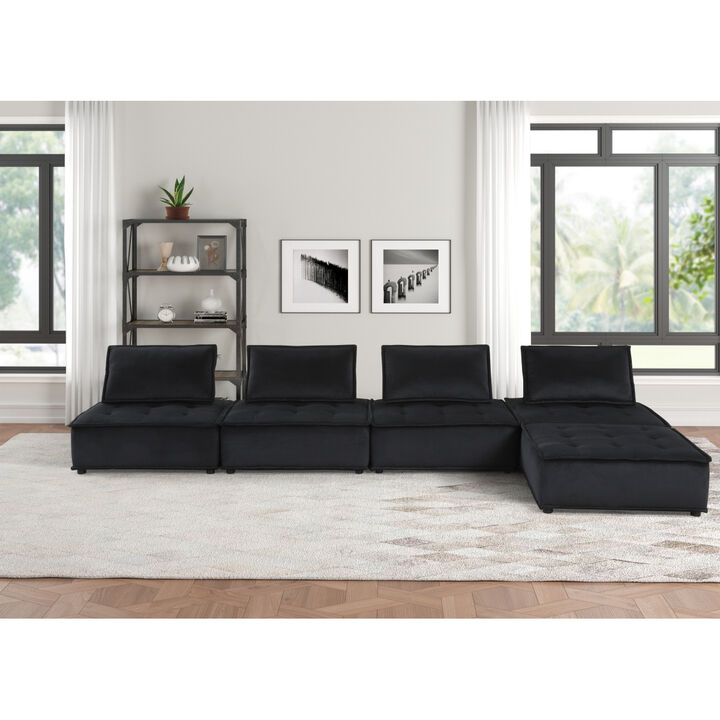 Anna Black Velvet 5 Piece Sectional Sofa Ottoman