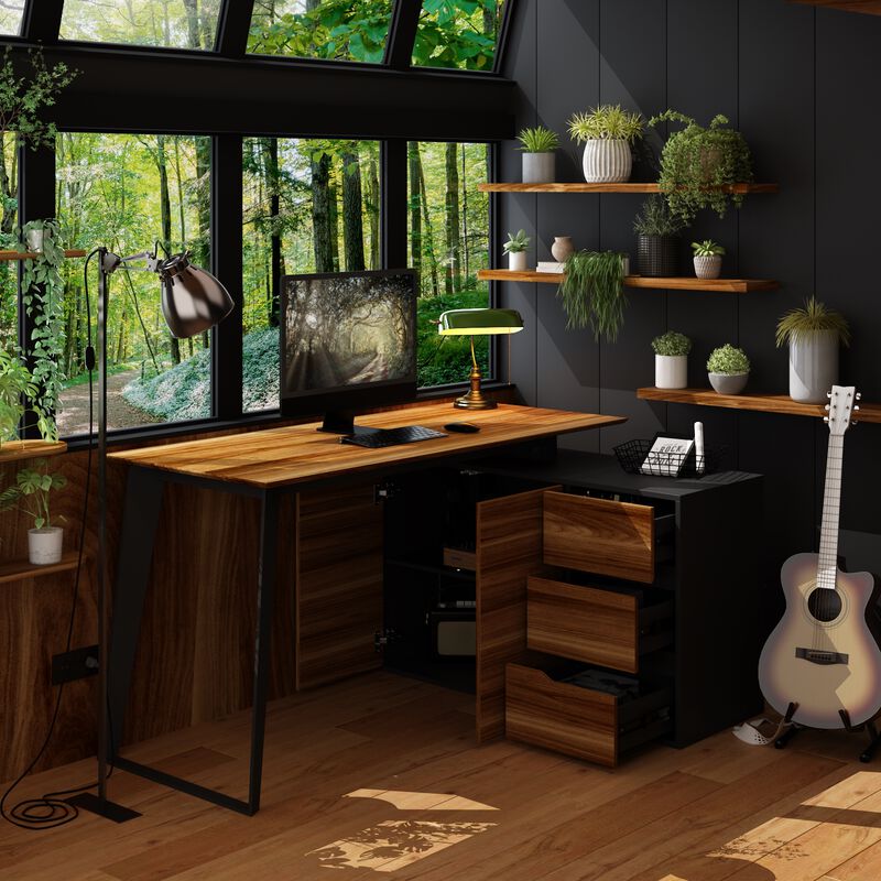 54.3 in. Reversible L-Shaped Brown Wood Writing Desk Office Workstation With Adjustable Shelves, Drawers, Doors Cabinet