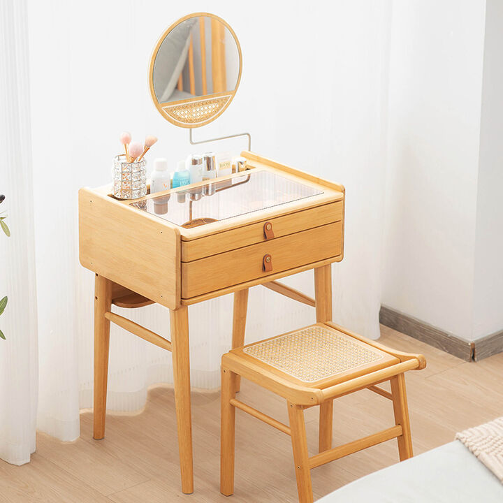 Wicker Makeup Vanity Table with Stool and Rotating Mirror