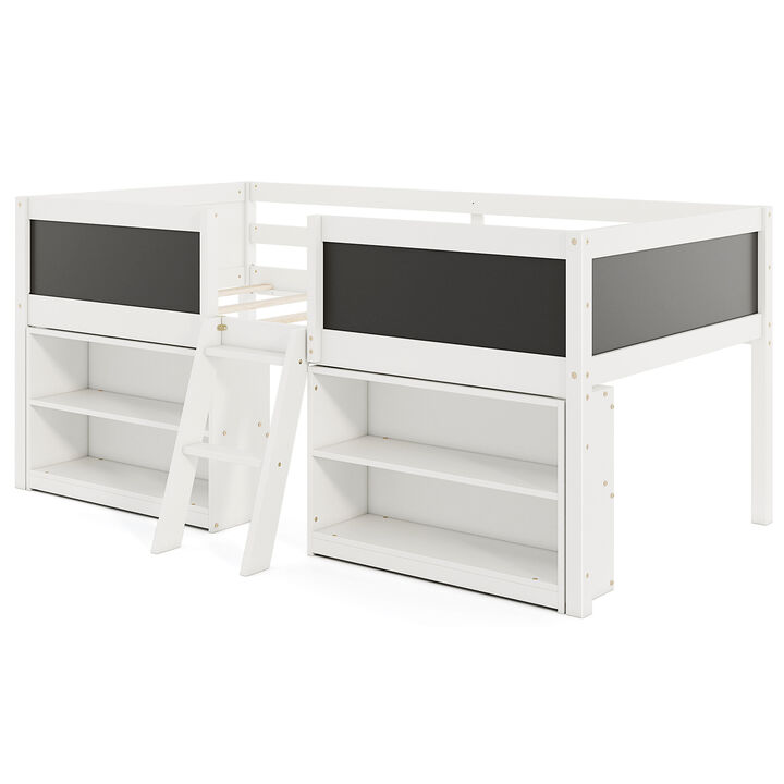 Kid Low Loft Bed with Chalkboard Ramp Ladder and Bookcases Kid Low Loft Bed with Chalkboard Ramp Ladder and Bookcases
