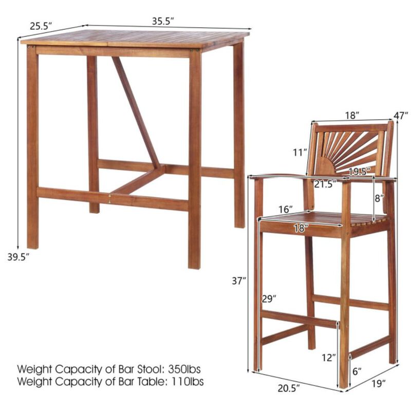 Hivvago 3 Pieces Acacia Wood Patio Bar Set with Sunflower Patterned Backrest