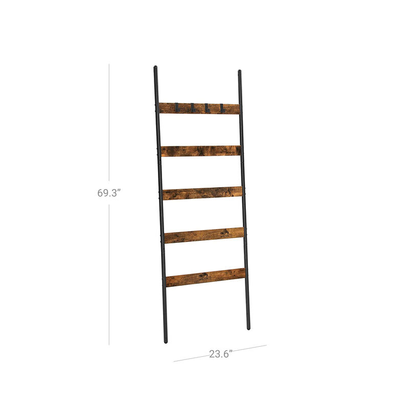 Rustic 5-Tier Blanket Ladder Shelf with Hooks and Steel Frame