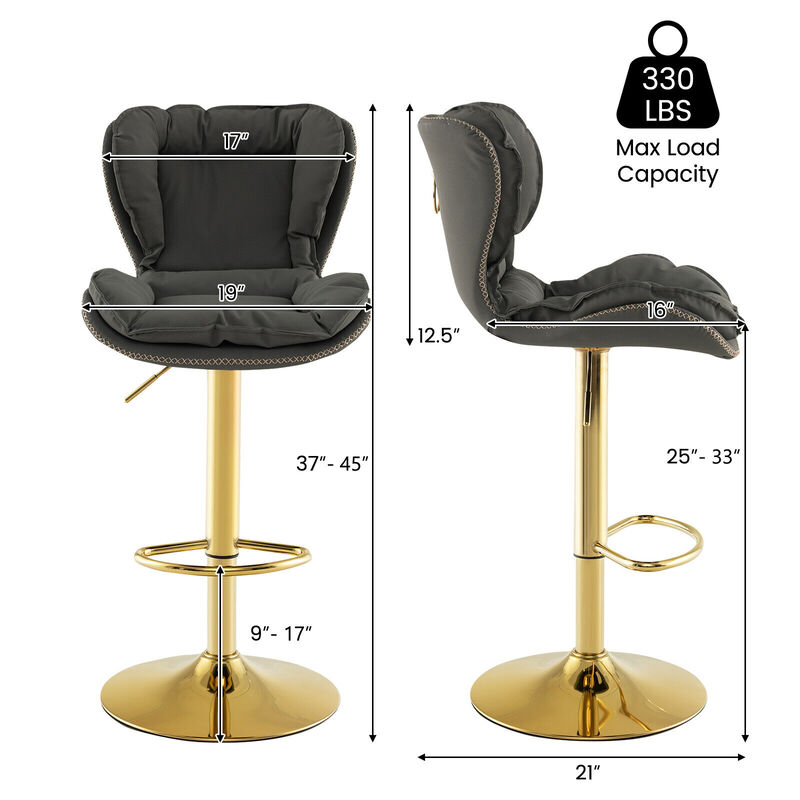 Set of 2 Swivel Bar Stools PU Leather Bar Chairs with Footrest and Curved Backrest-Grey