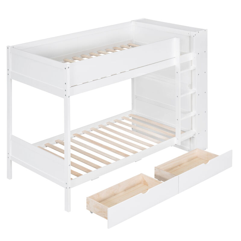Twin Over Twin Bunk Bed With 2 Drawers And Multilayer Cabinet, White