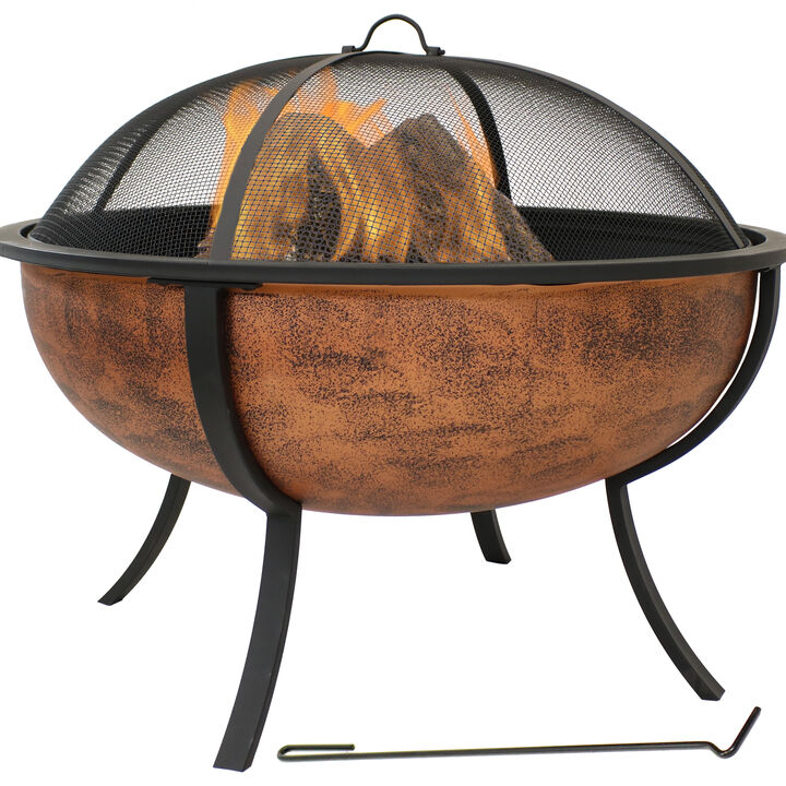 Sunnydaze 32 in Steel Fire Pit with Screen, Grate, and Poker - Copper