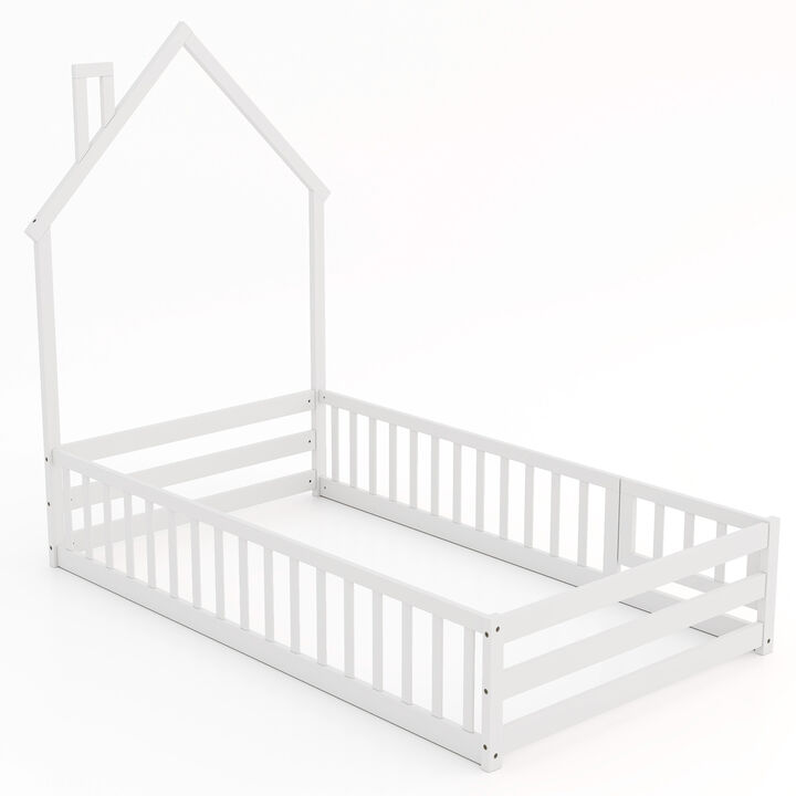 Montessori Floor Bed with Lockable Door and Full-Length Guardrail