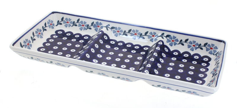 Blue Rose Polish Pottery Blue Violet 3 Section Serving Dish