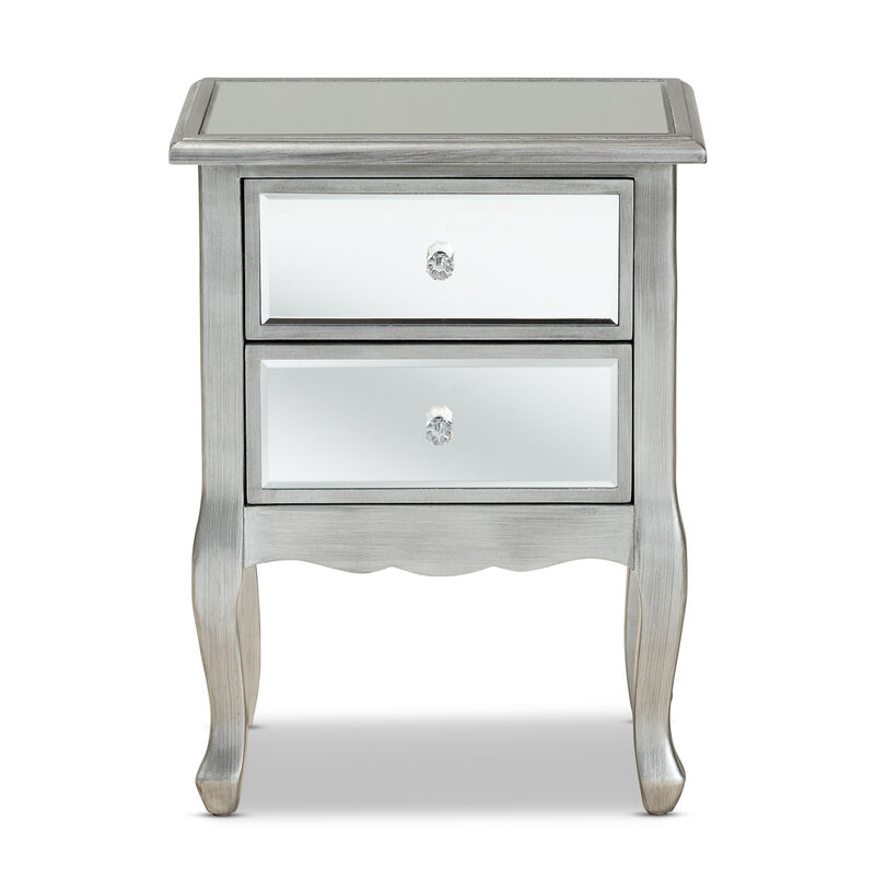 Baxton Studio Leonie Brushed Silver Finished Wood and Mirrored Glass 2 Drawer End Table