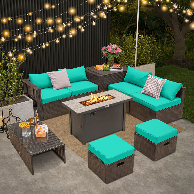 9-Piece Outdoor Patio Furniture Set with Cushions & Propane Fire Pit Table for Garden or Backyard