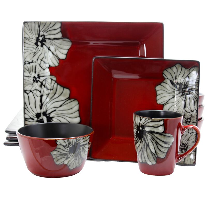 Elama Winter Bloom 16 Piece Square Stoneware Dinnerware Set