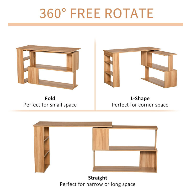Maple Productivity Center: 360° Rotating L-Shaped Desk with Shelves