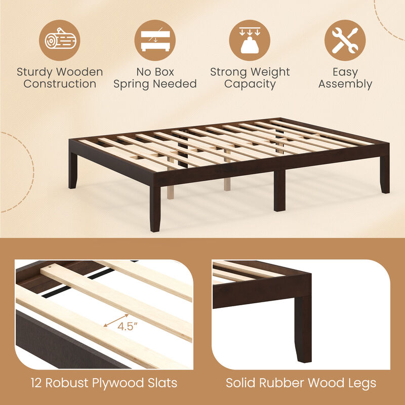 Wood Bed Frame with Wooden Slats Support and Rubber Wood Legs