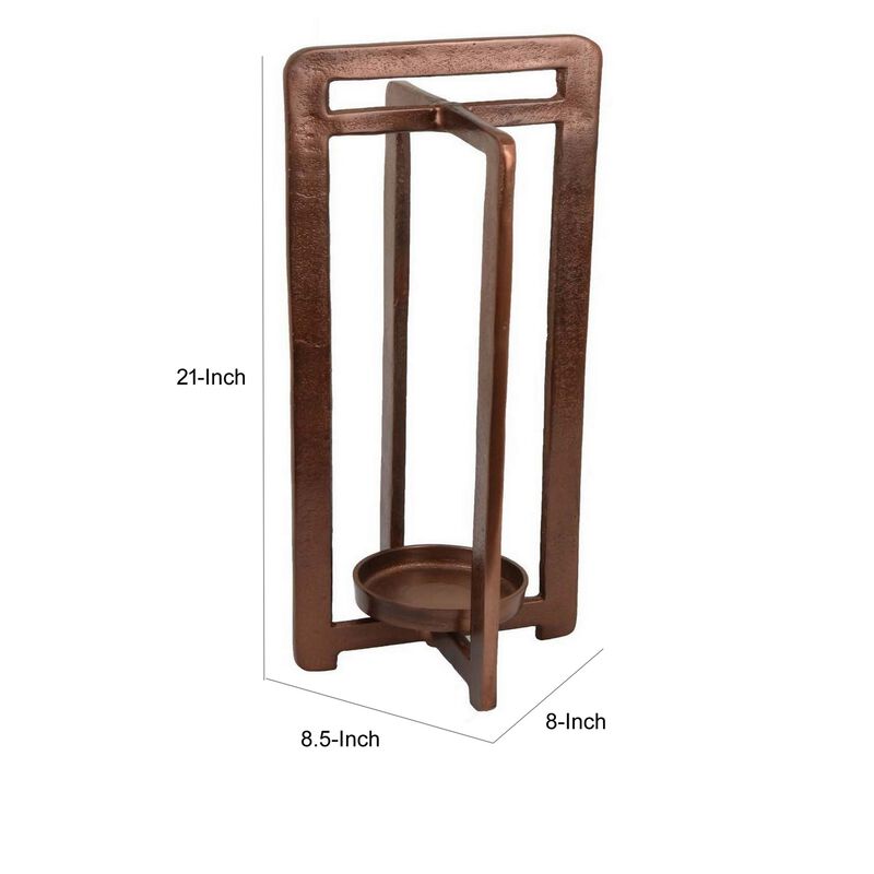 Eya 21 Inch Modern Tabletop Candle Lantern with Round Plate, Copper Metal  - Benzara