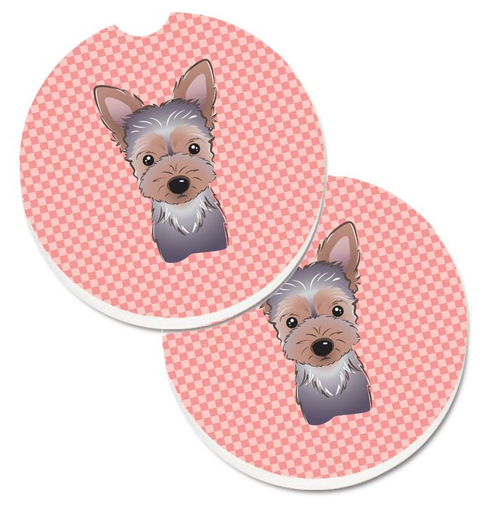 Caroline's Treasures Checkerboard Pink Yorkie Puppy Set of 2 Cup Holder Car Coasters BB1232CARC, 2.56, Multicolor