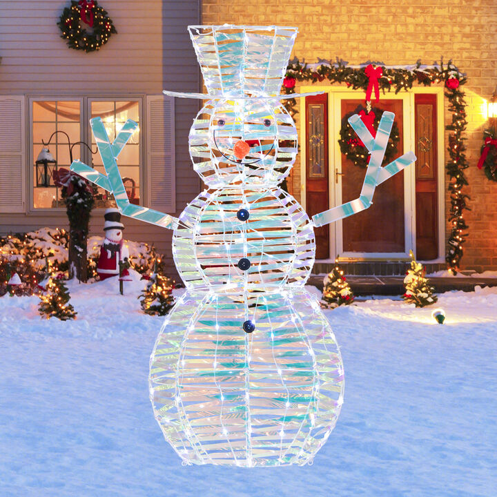 Iridescent Christmas Snowman with White LED Lights and Ground Stakes