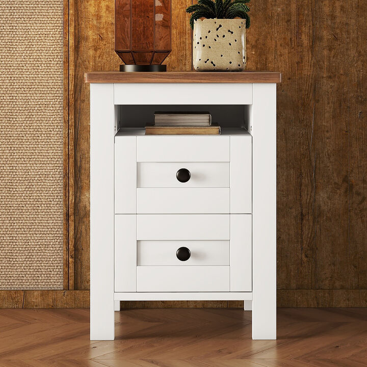 Streamdale Farmhouse Wooden Nightstand with Storage, White+Brown