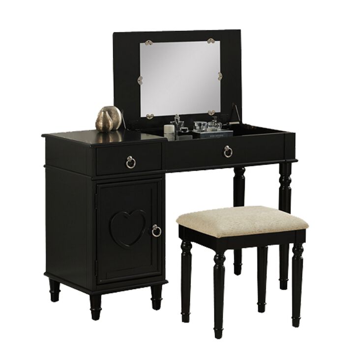 Seraph Vanity Set Featuring Stool And Mirror Black-Benzara