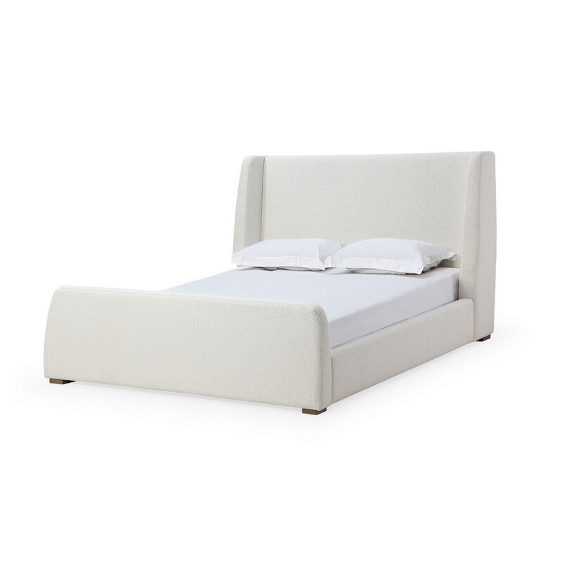 Mosi Queen Platform Bed, Wingback Headboard, White Boucle Fabric Upholstery - Benzara