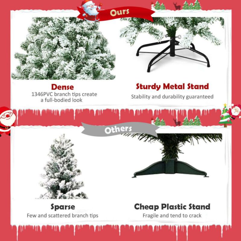 Hivvago 7.5 Feet Snow Flocked Artificial Christmas Tree Hinged with 1346 Tip and Foldable Base