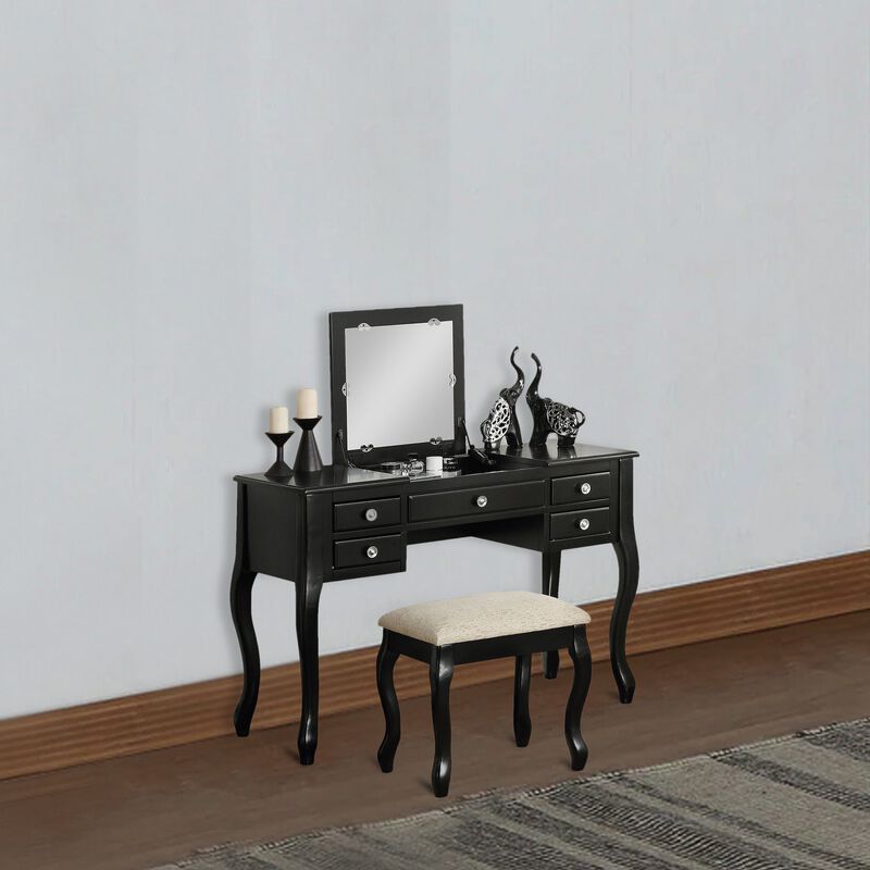 Cherub Vanity Set Featuring Stool And Mirror Black-Benzara