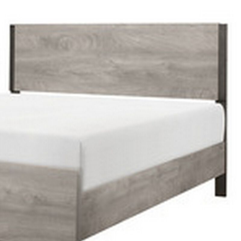 Deena Queen Bed, Painted Metal Finished Accents, Light Gray Wood Frame - Benzara