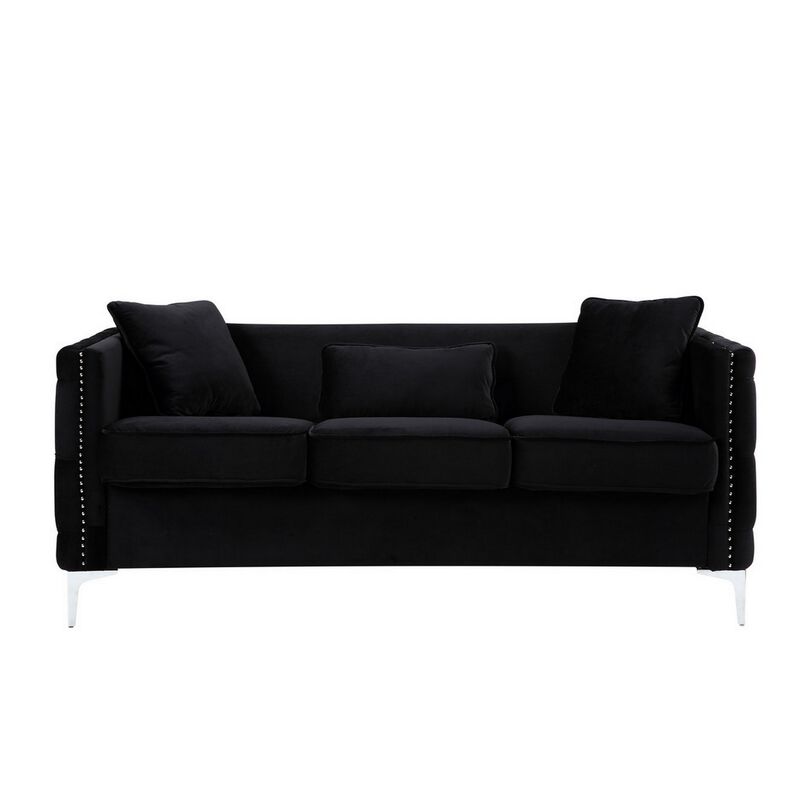 Zion 2 Piece Sofa and Loveseat Set, Deep Button Tufted, Jet Black Velvet-Benzara