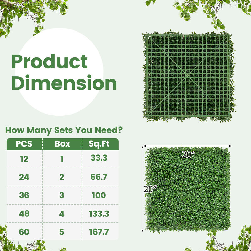 12-Pack 20x20 Inch Artificial Boxwood Wall Panels with Insertable Branches for Stunning Decor