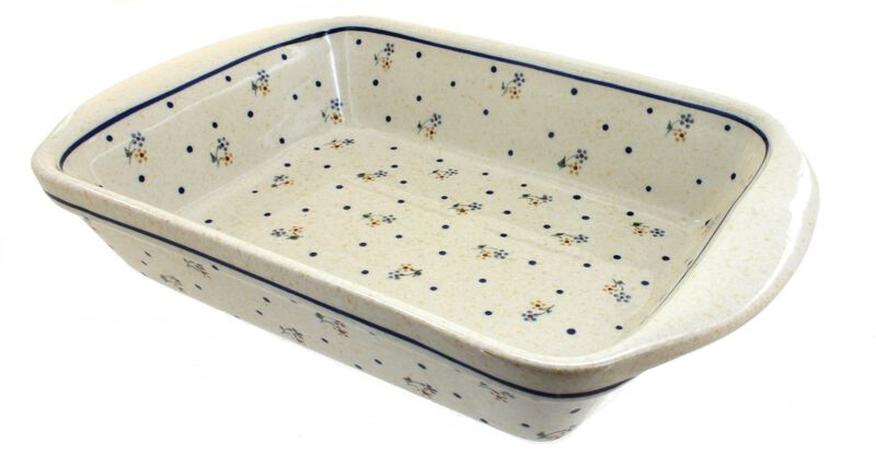 Blue Rose Polish Pottery Mosaic Flower Large Rectangular Baker with Handles