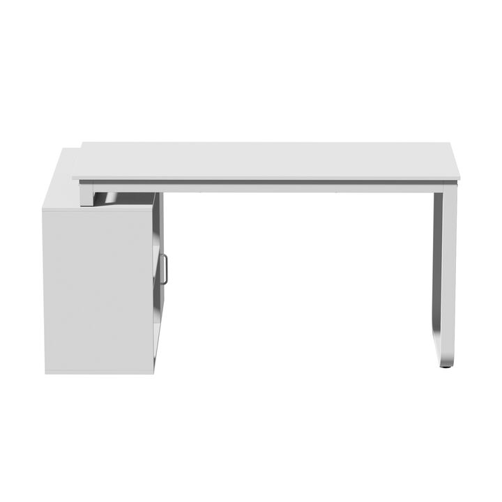 55.1" W : "L" Shape Wooden Computer Desk White Finish with 1-Drawer, Open Shelves and Eco-Friendly Paint Finish