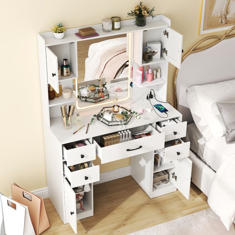 Makeup Vanity Desk with Lighted Mirror and Charging Station