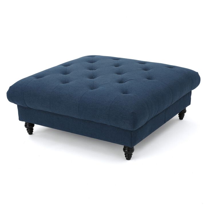 Capri Ottoman, Tufted Navy Blue Fabric, Birch Wood, Square 41 Inch -Benzara