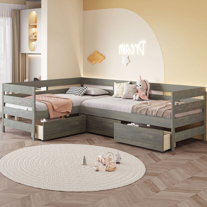 Merax L-shaped Platform Bed with 3 Storage Drawers