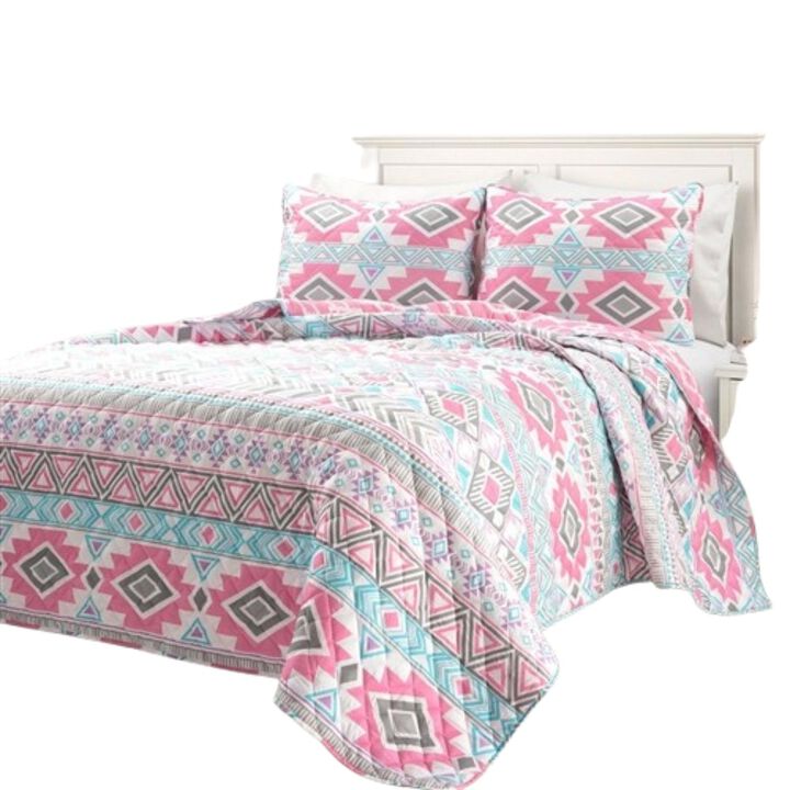 Hivvago Twin Southwest Indian Style Polyester Pink Blue Striped Reversible Quilt Set