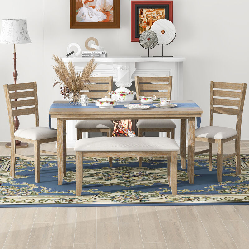 Dining Room Table and Chairs with Bench, Rustic Wood Dining Set, Set of 6 (Natural Wood Wash)