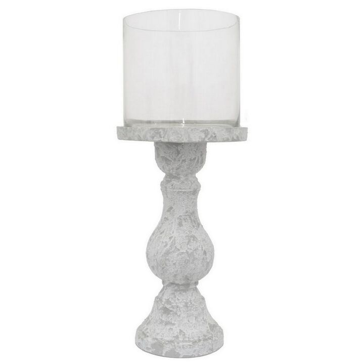 Kris Candle Holder, Hurricane Glass Top, White Gray Ceramic 15 Inch - Benzara