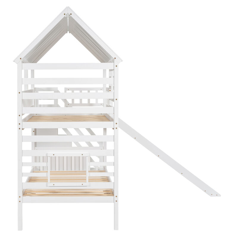 Twin Over Twin House Bunk Bed With Trundle And Slide, Storage Staircase, Roof And Window Design