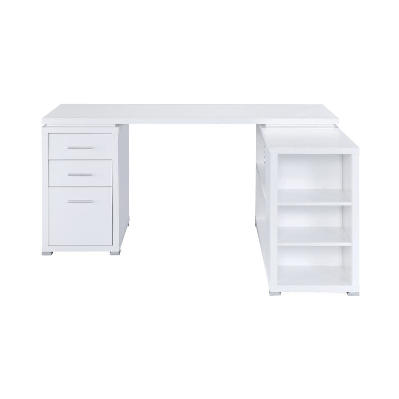 Contemporary L Shaped Office Desk with 3 Drawers and Shelves, White-Benzara
