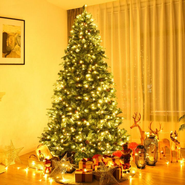 Hivvago 7/7.5/8 Feet Artificial Christmas Tree with LED Lights and Pine Cones