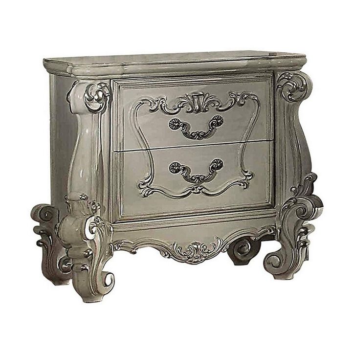 Two Drawers Wooden Nightstand with Carved Details, Bone White-Benzara