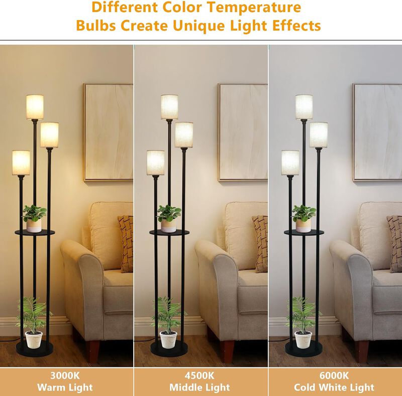 Floor Lamp with Shelves, Modern Floor Lamps for Living Room, 3-Lights Standing Lamp with Linen Shade and Foot Switch, Industrial Standing Lamps for Bedroom, Black Tall Table Lamp for Office