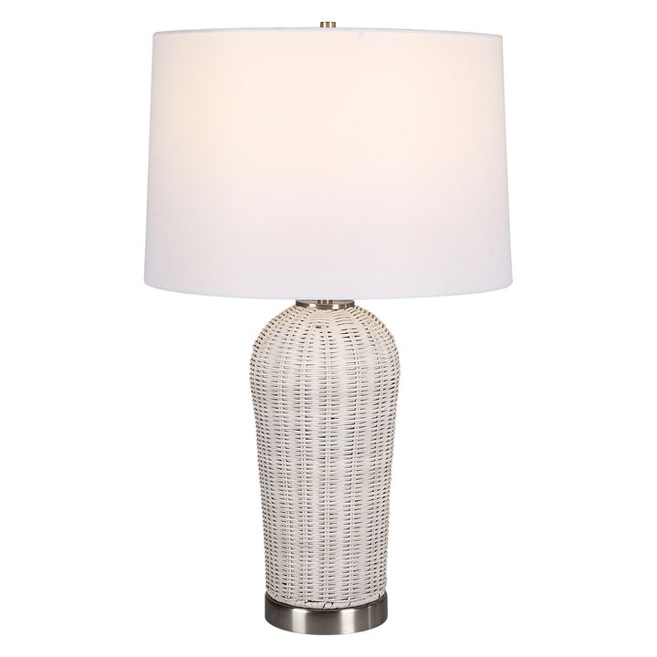 25 Inch Table Lamp, Rattan Woven, White Linen Shade, Brushed Silver Accents - Benzara