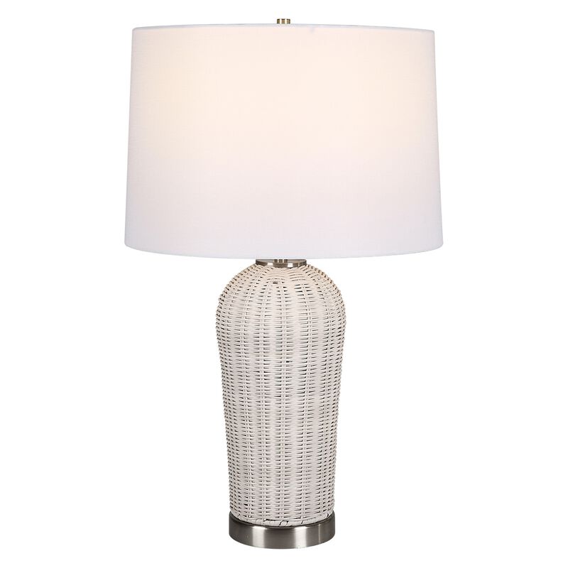 25 Inch Table Lamp, Rattan Woven, White Linen Shade, Brushed Silver Accents - Benzara