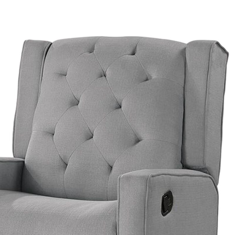 Manie Swivel Glider Manual Recliner, Solid Wood, Classic Gray Burlap - Benzara