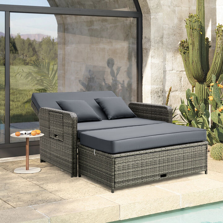 Wicker Loveseat Sofa with Multipurpose Ottoman and Retractable Side Tray-Gray