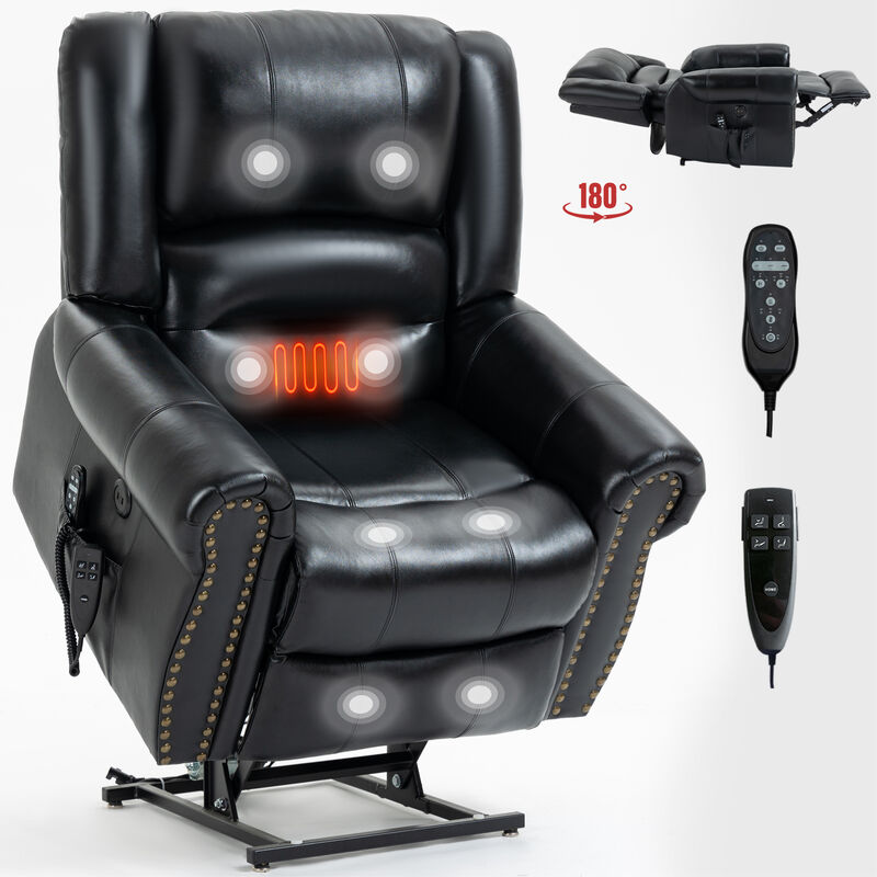 Power Lift Recliner Chair Heat Massage Dual Motor Infinite Position Up to 350 LBS, Genuine Leather, Heavy Duty Motion Mechanism with USB Ports, Brown
