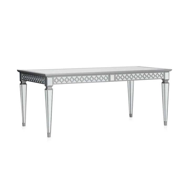 Ada 72-90 Inch Dining Table, Extendable Rectangular Top, Mirrored, Silver - Benzara