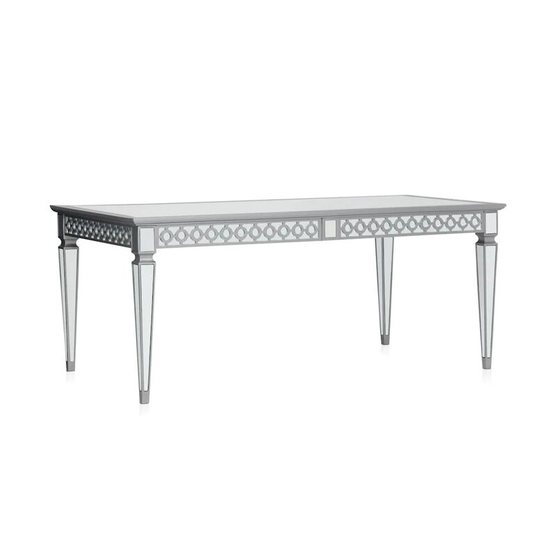 Ada 72-90 Inch Dining Table, Extendable Rectangular Top, Mirrored, Silver - Benzara
