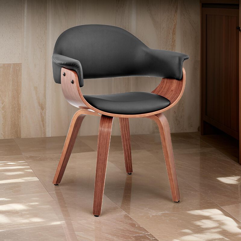 Leatherette Dining Chair with Curved Seat, Black and Brown - Benzara