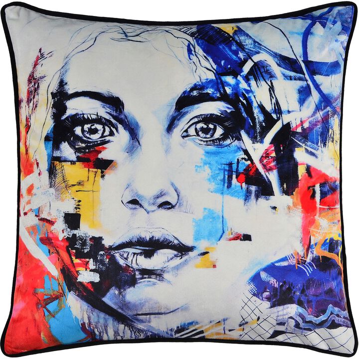 20" Black and White Face Printed Velvet Square Throw Pillow