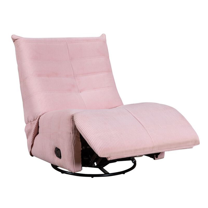 Gea 35 Inch Swivel Recliner Chair, Tufted, Pink Corduroy, Solid Wood - Benzara